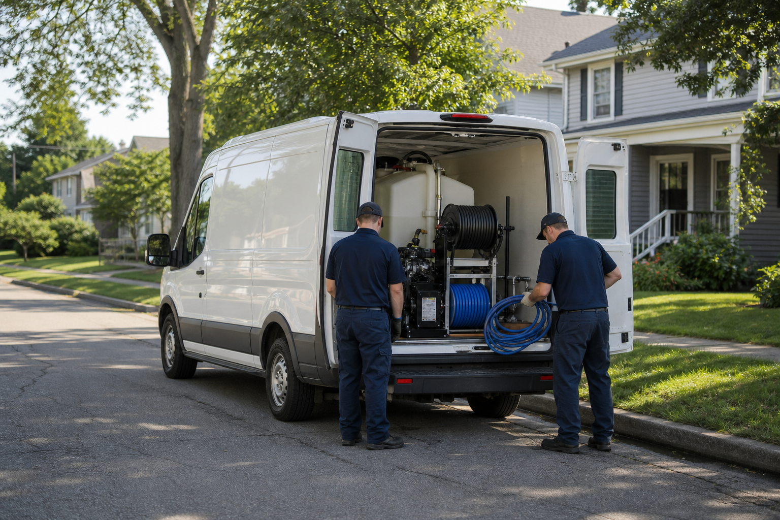 Rescue Wash work van and pressure washing equipment on a Lee's Summit residential street
