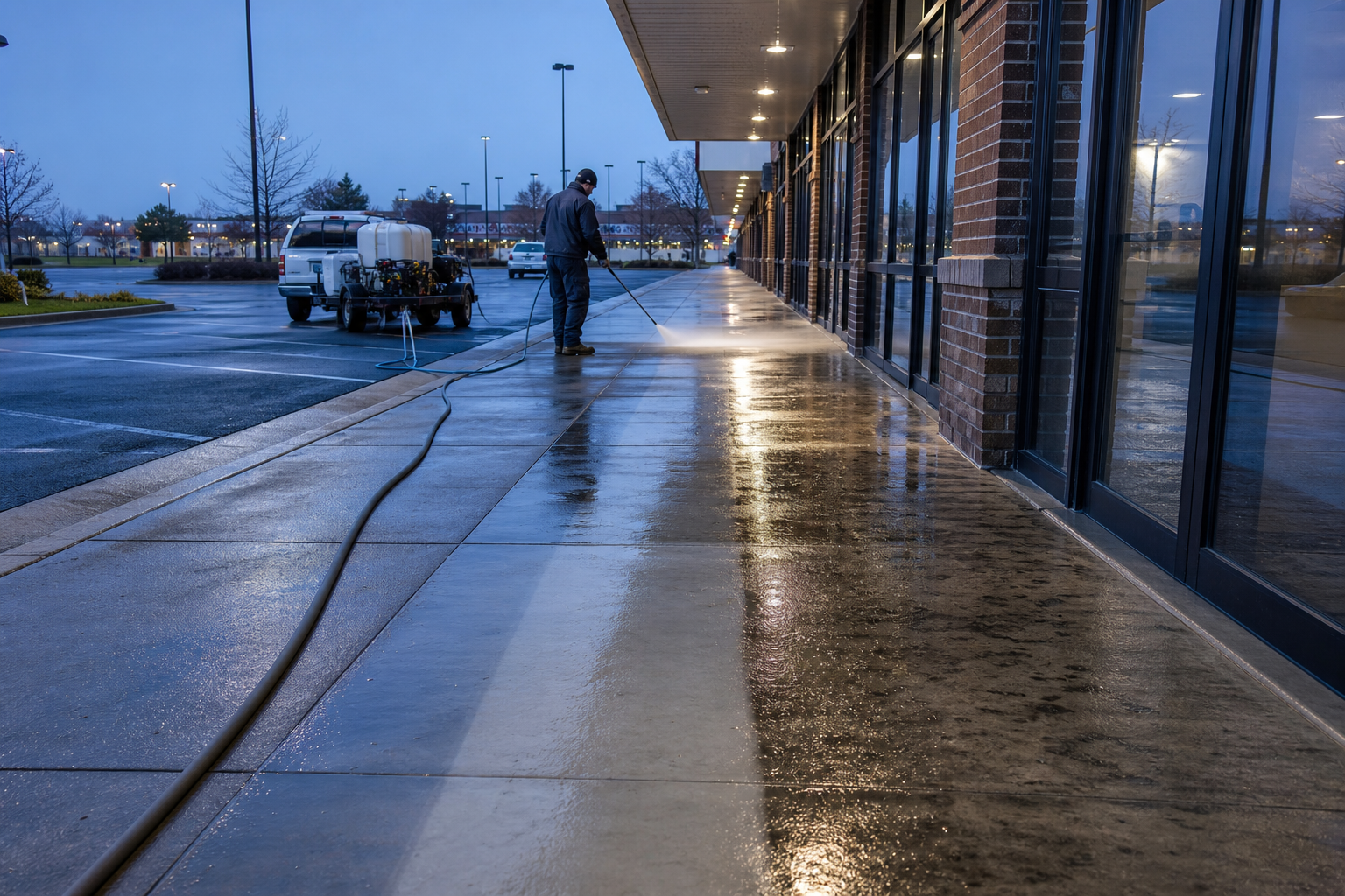 Strip-center storefront sidewalk being pressure washed before opening hours with wet reflective concrete