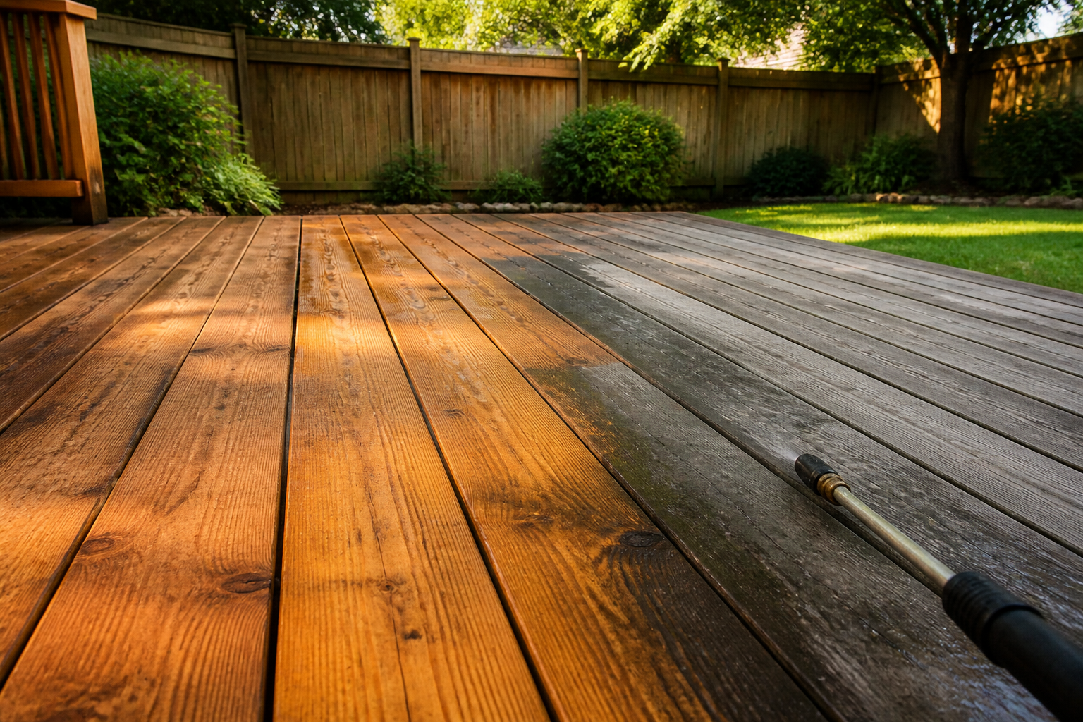 Cedar deck boards half restored to warm honey tone next to gray weathered boards and a wood privacy fence