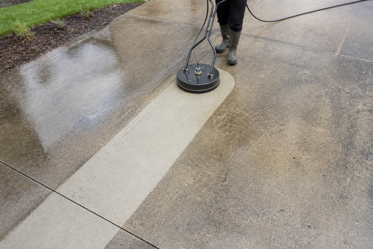 Rotary surface cleaner leaving a bright clean stripe across a stained concrete driveway