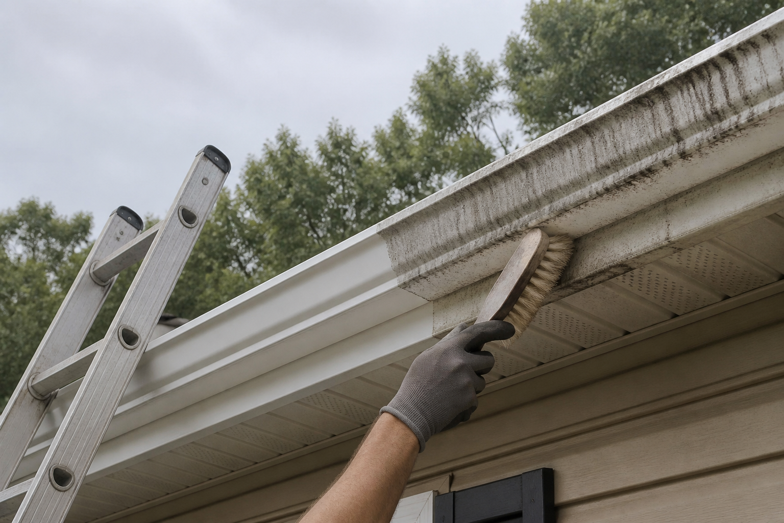 White aluminum gutter with black oxidation stripes removed on the left section and still visible on the right