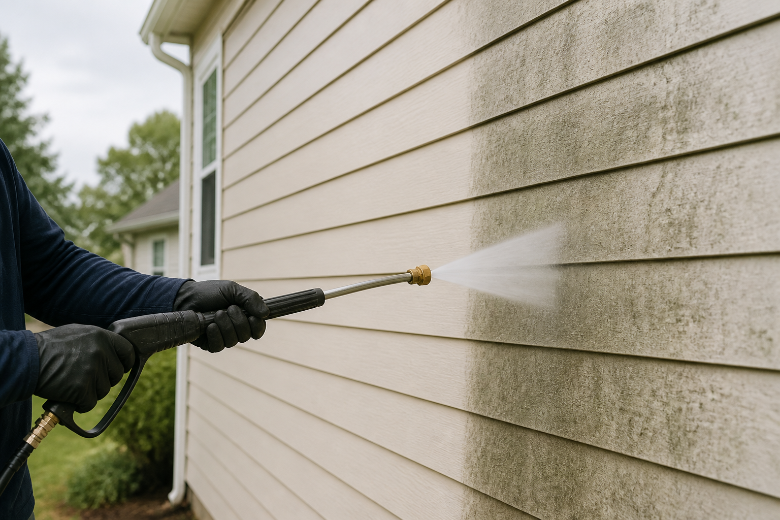 Soft-wash wand cleaning green mildew from beige lap siding on a Lee's Summit home