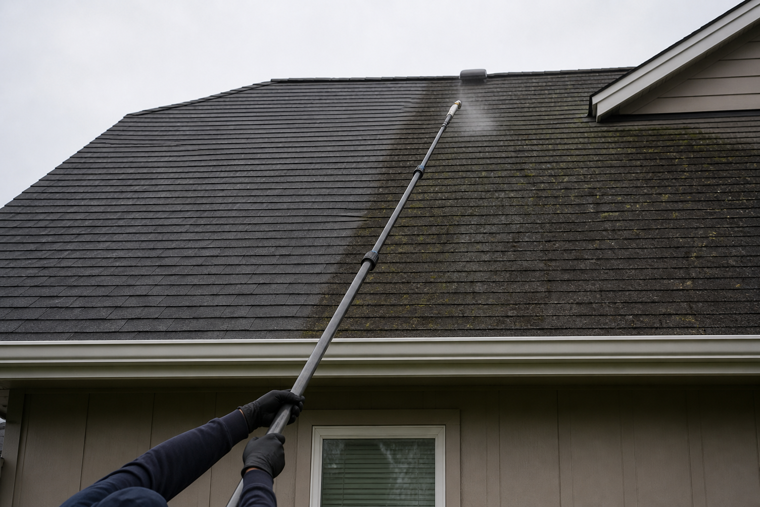 Asphalt shingle roof half cleaned of black algae streaks by a ground-based soft wash